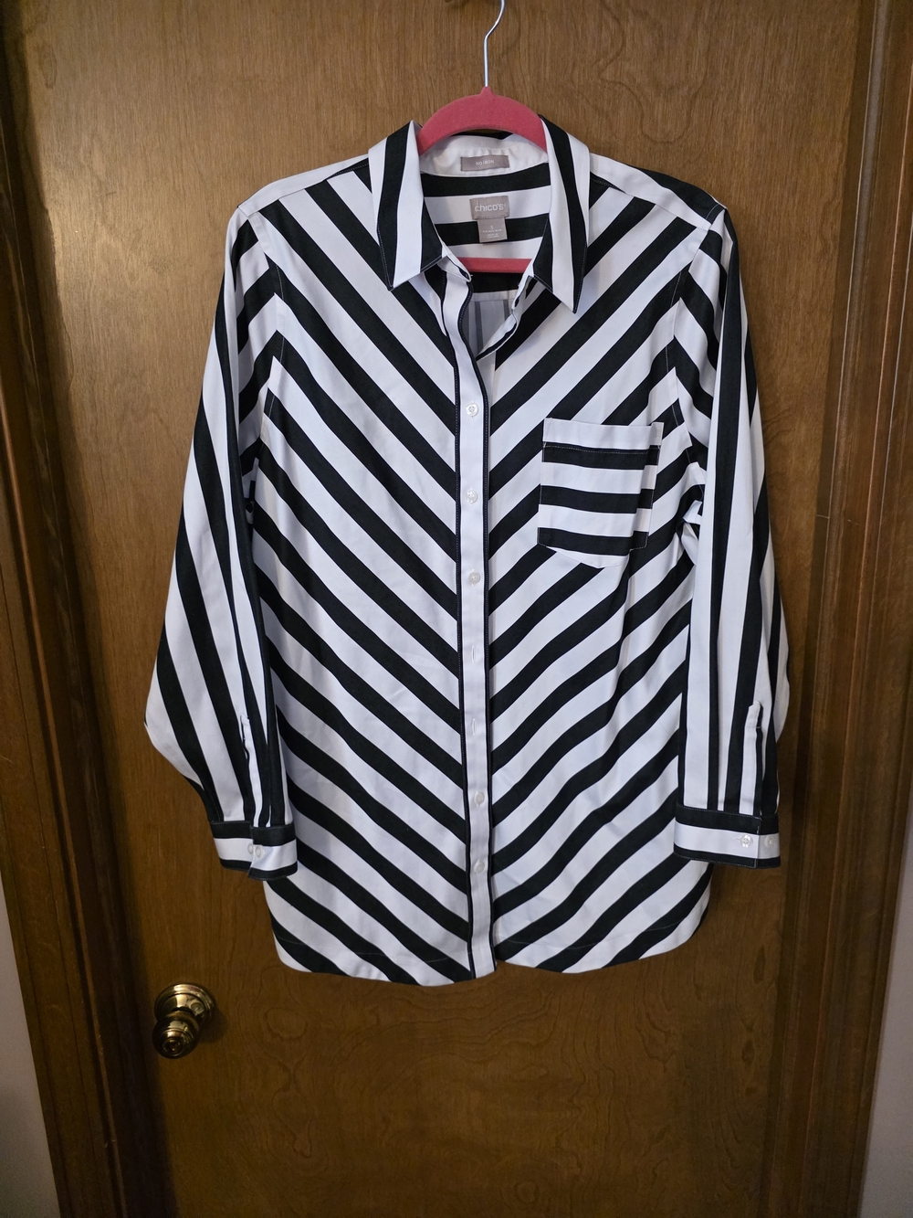 Chico's Black and White Diagonal Stripe Button-Down Shirt
